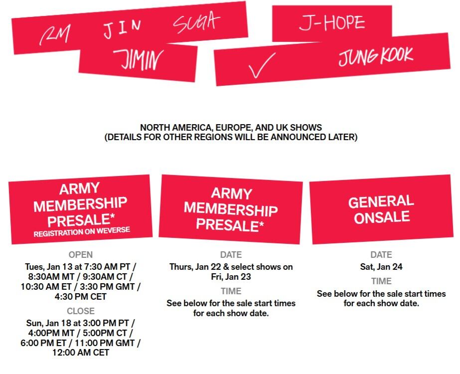 Detalles del BTS Tour 2026: detalles de la venta anticipada de boletos en Norteamérica y Europa(Captura: HYBE Labels)