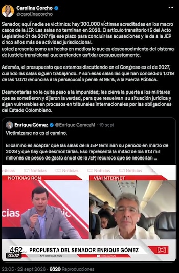 Carolina Corcho le respondió a Enrique Gómez por polémica sobre la JEP - crédito @carolinacorcho/X