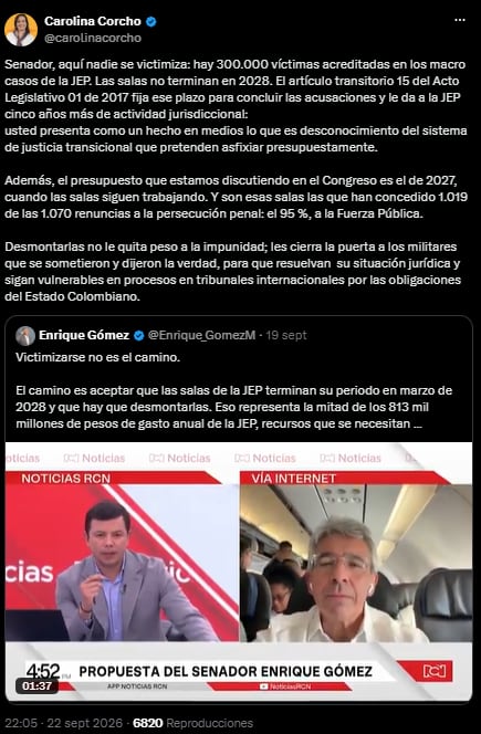 Carolina Corcho le respondió a Enrique Gómez por polémica sobre la JEP - crédito @carolinacorcho/X