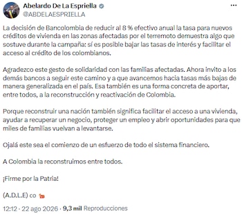 Presidente Abelardo de la Espriella invita a bancos a sumarse a la reducción de tasas tras decisión histórica de Bancolombia - crédito @ABDELAESPRIELLA/X