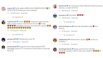 Captura de pantalla de ocho comentarios de Instagram con perfiles de usuario, texto de felicitación, números de 'Me gusta' y tiempos de publicación