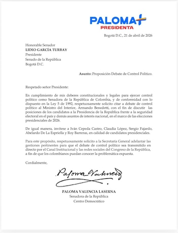 En la carta oficial al Senado, Valencia pide que el debate electoral sea transmitido en directo por el Canal Institucional y redes sociales del Congreso - crédito @PalomaValenciaL / X