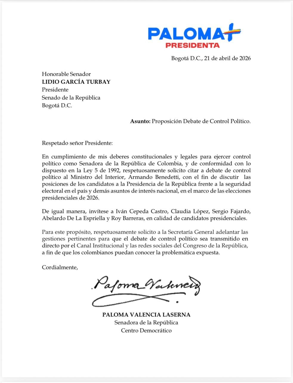 En la carta oficial al Senado, Valencia pide que el debate electoral sea transmitido en directo por el Canal Institucional y redes sociales del Congreso - crédito @PalomaValenciaL/X