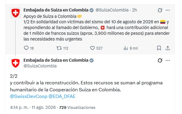 Embajada de Suiza en Colombia informó sobre contribución económica para del Gobierno suizo para atender la emergencia derivada del terremoto - crédito @SuizaColombia/X