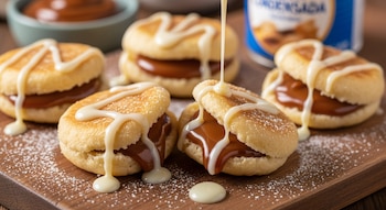 Primer plano de cinco gorditas rellenas de cajeta sobre una tabla de madera, mientras una se rocía con leche condensada y azúcar glass espolvoreado.