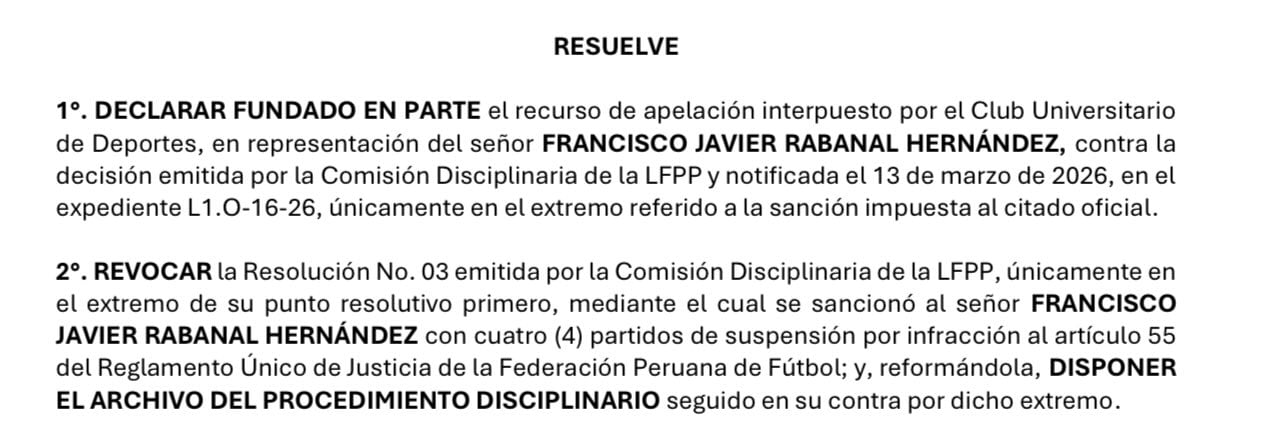 Resolución de la Comisión de Apelaciones de la Liga 1. (Kevin Pacheco)