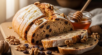 Un pan casero de nueces y pasas cortado en rebanadas sobre una tabla de madera, con miel goteando y espolvoreado con azúcar glass. Se ven nueces enteras y pasas sueltas.