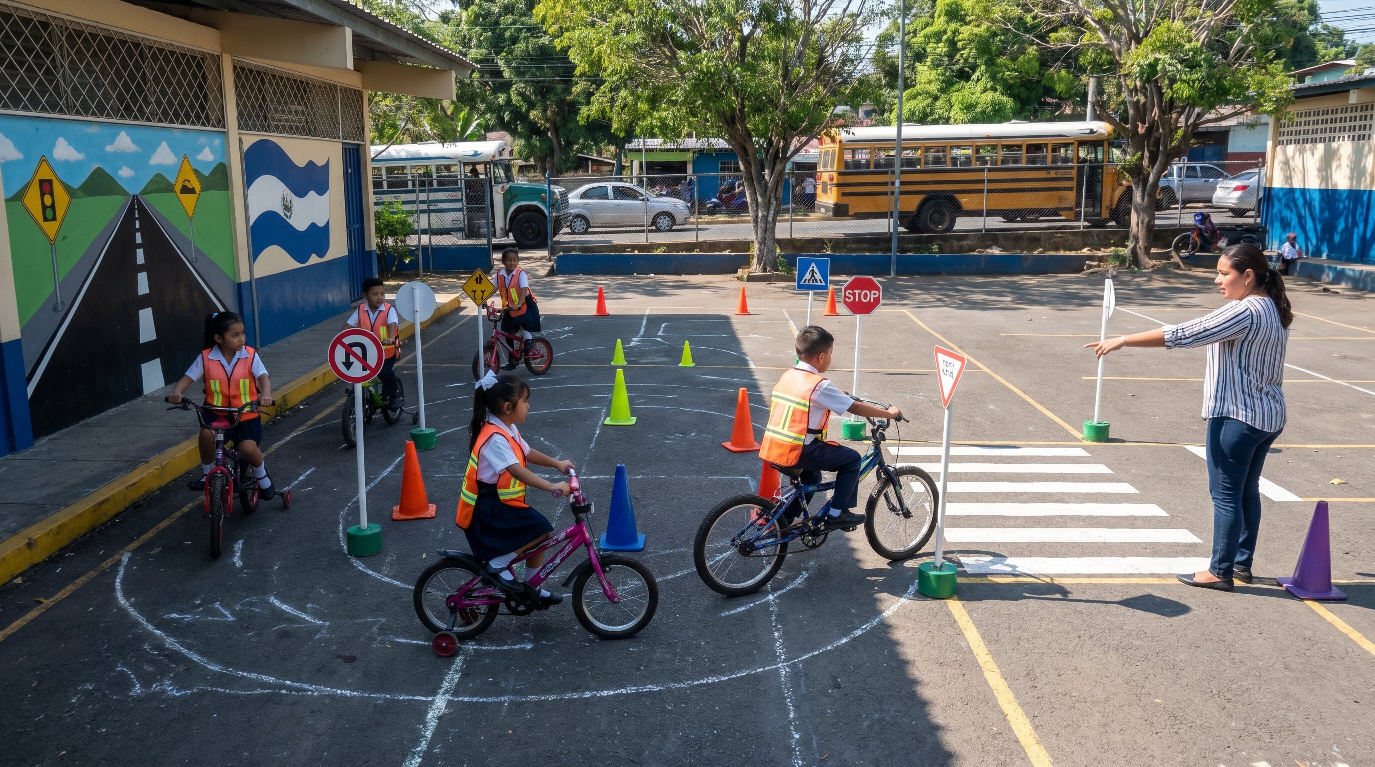 Niños salvadoreños participan en una clase de cultura vial en un patio escolar, aprendiendo normas de tránsito en bicicleta bajo la supervisión de una instructora. (Imagen Ilustrativa Infobae)