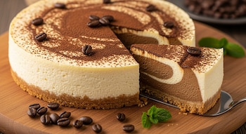 Cheesecake de café cremoso con base de galleta, espolvoreado con cacao y decorado con granos de café, sobre una tabla de madera con una porción cortada.
