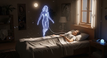 Mujer dormida en una cama mientras un cuerpo astral brillante flota encima de ella en una habitación oscura.