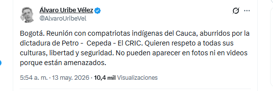 El expresidente Álvaro Uribe Vélez se reunió con la población indígena de Cauca - crédito @AlvaroUribeVel/X