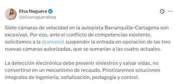 Elsa Noguera afirmó que siete cámaras son excesivas y solicitó suspender la entrada en operación de las nuevas, priorizando medidas preventivas y no recaudatorias - crédito @elsanoguerabaq/ X
