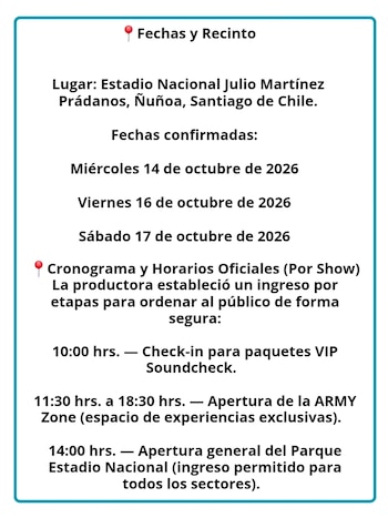 El ingreso al Parque Estadio Nacional comenzará a las 14.00 y las puertas del coliseo abrirán a las 16.30.