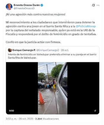 El alcalde de Valledupar Ernesto Orozco Durán confirmó que Díaz Montes responderá por el delito de feminicidio en grado de tentativa - crédito @ErnestoOrozcoD/X
