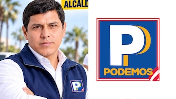 Retrato de Ernesto Delhonte Cagna con chaleco azul al lado del logotipo del partido político Podemos Perú