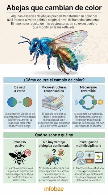 Infografía detallada que ilustra una abeja azul que cambia a verde cobrizo, explicando el mecanismo reversible del cambio de color por la humedad y microestructuras.