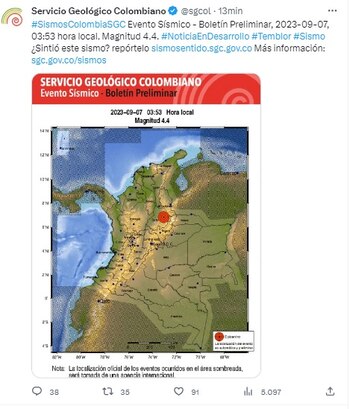 Sismo en Santander - jueves 7 de septiembre 2023 | Twitter Servicio Geológico Colombiano