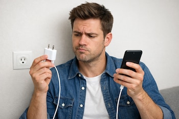 Primer plano de un hombre mirando con confusión un cargador de celular y un smartphone, con un enchufe de pared al fondo.