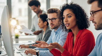Primer plano de una mujer con cabello rizado hablando y gesticulando en una oficina. Detrás, otros colegas trabajan en computadoras y revisan documentos.