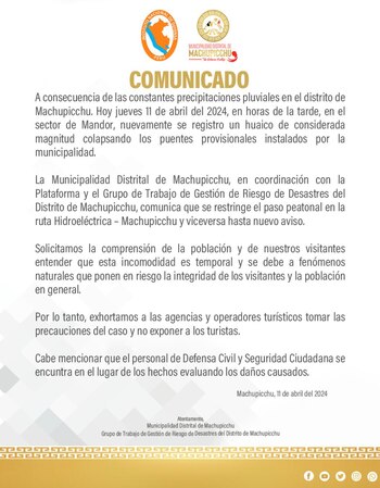 Municipalidad distrital de Machu Picchu emitió comunicado sobre fuertes lluvias que causaron deslizamientos de lodo y rocas.