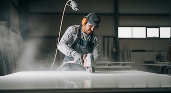 Hombre con gorra, protectores auditivos, gafas de seguridad y guantes corta una superficie blanca con una máquina en un taller; hay polvo suspendido.