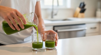 Primer plano de manos vertiendo líquido verde de un vaso medidor en dos vasos pequeños sobre una encimera blanca de cocina con un fondo desenfocado.