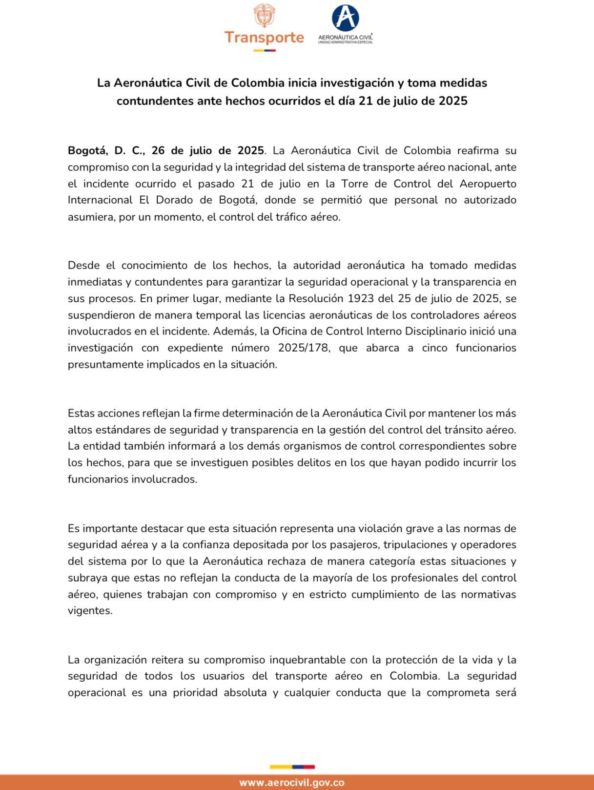 Comunicado Aerocivil sobre eventos en el Aeropuerto El Dorado - crédito Aerocivil