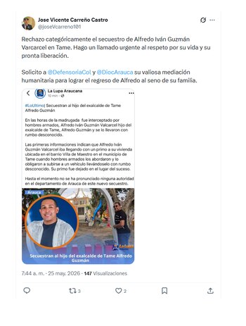José Vicente Carreño, congresista del Centro Democrático, repudió secuestro de Alfredo Iván Guzmán
