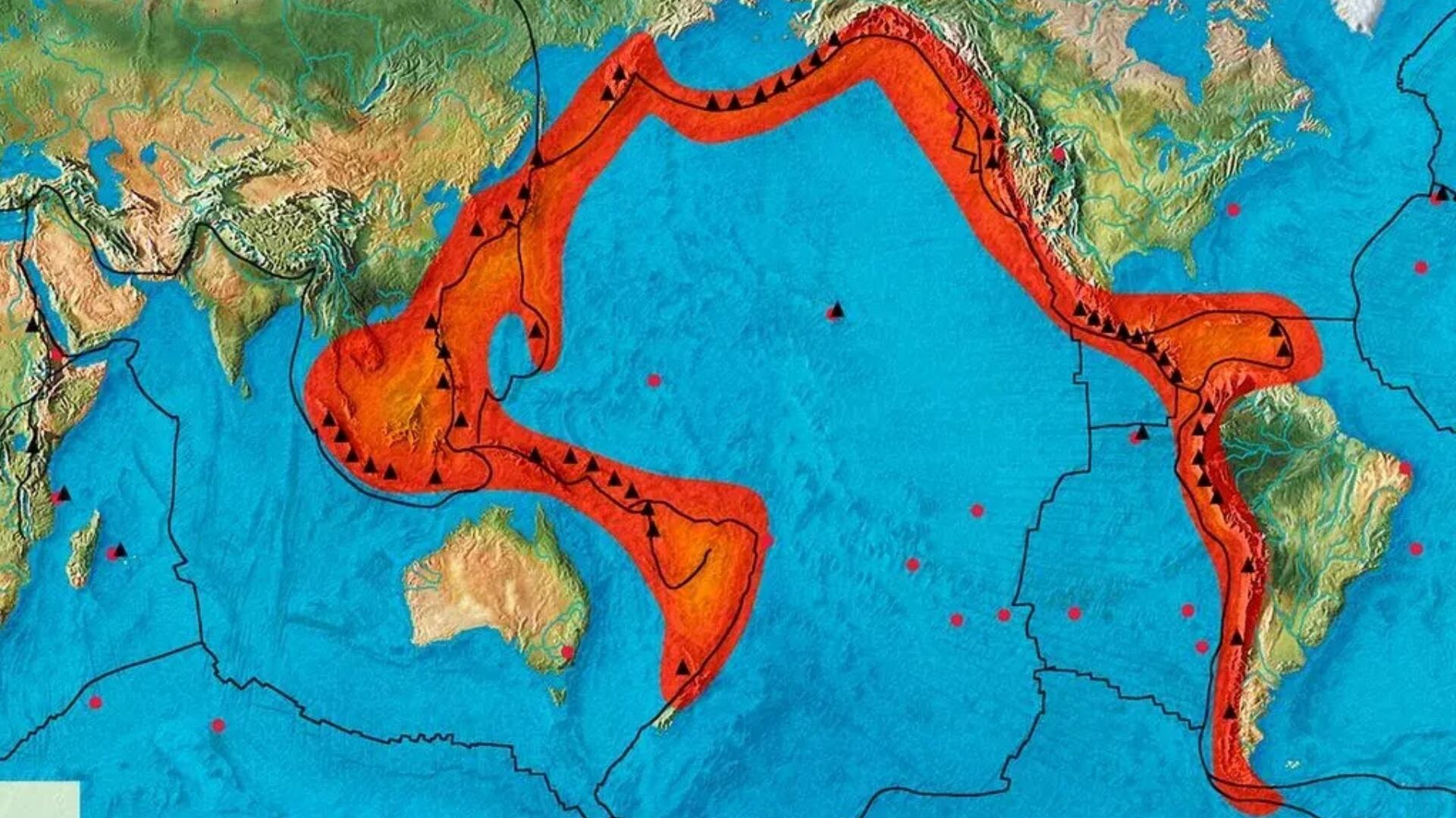 Cinturón de Fuego del Pacífico con sus zonas volcánicas señaladas. (Geology In)