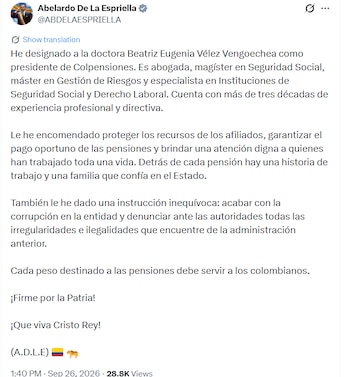 De la Espriella le encomendó proteger los recursos de los afiliados, garantizar el pago oportuno de las pensiones y fortalecer la atención a los ciudadanos - crédito @ABDELAESPRIELLA/X
