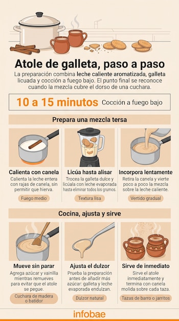 Infografía con ilustraciones de ollas, canela, galletas, licuadora, tazas de barro, textos con instrucciones y el logotipo de Infobae.