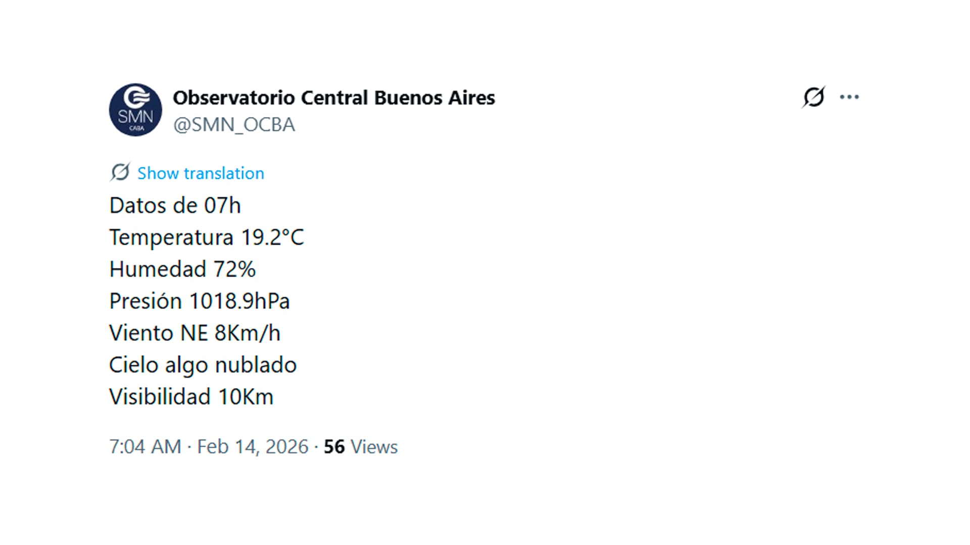 El pronóstico de las 7, según el Observatorio Central Buenos Aires (@SMN_OCBA)