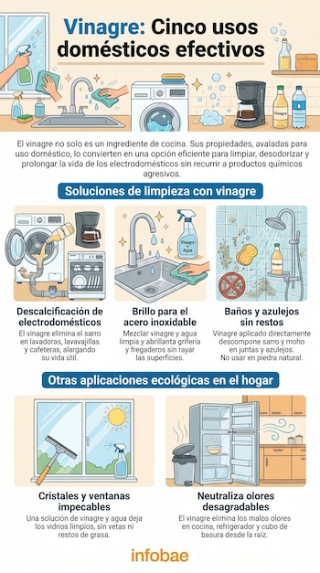 Infografía que muestra cinco usos domésticos del vinagre, incluyendo ilustraciones de limpieza de lavadoras, grifos, duchas, ventanas y neveras.