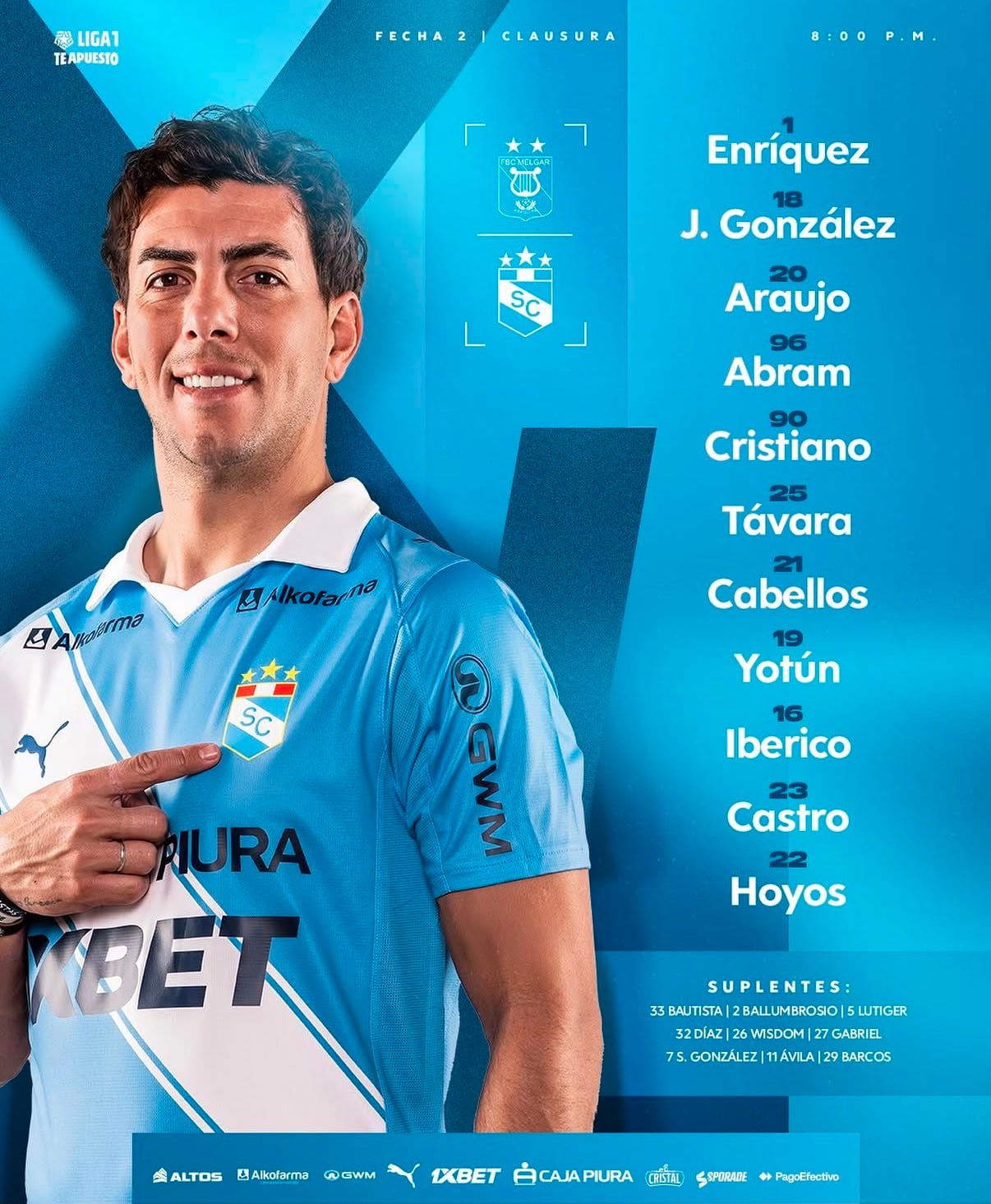 Alineación confirmada de Sporting Cristal para medirse con Melgar en Arequipa.