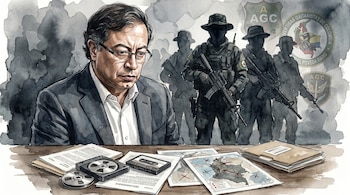 Ilustración en acuarela de un hombre con gafas frente a documentos, cintas de audio y mapas de Colombia. Al fondo, siluetas de hombres armados y escudos AGC.