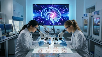 Dos científicas con batas de laboratorio y gafas de seguridad observan organoides en placas de Petri bajo microscopios, con una pantalla grande de un cerebro al fondo.