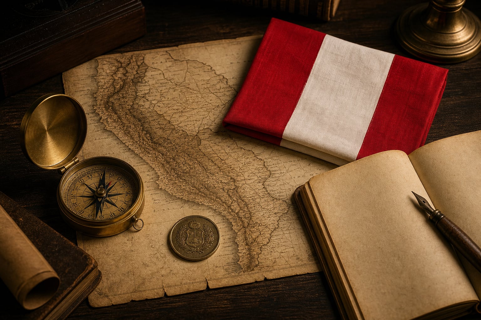 Un mapa antiguo del Perú, una bandera doblada, una brújula y un libreto representan la memoria histórica y la tradición documental del país. (Imagen Ilustrativa Infobae)