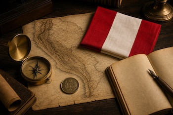 Un mapa antiguo sobre madera junto a una bandera peruana doblada, una brújula de latón, una moneda y un cuaderno abierto con pluma.