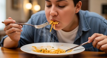 Cierre de una persona con camiseta blanca y camisa azul, llevando fideos de un plato blanco humeante a la boca con un tenedor. Se ven sus manos.