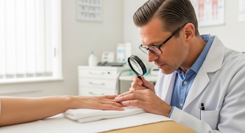 Un dermatólogo con gafas y bata blanca examina las uñas de la mano de un paciente con una lupa sobre una toalla blanca en un consultorio médico.