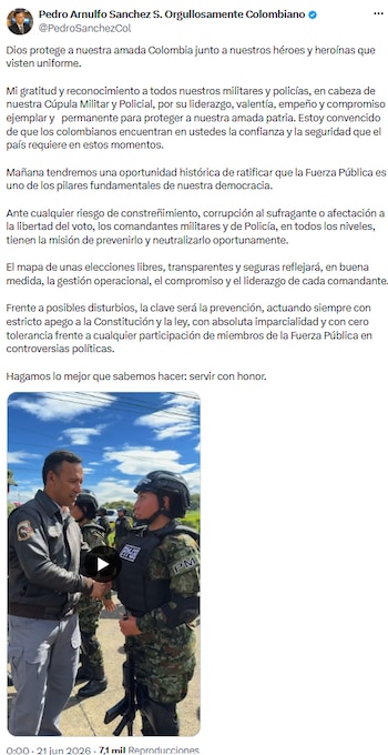 Autoridades reconocieron liderazgo y compromiso de militares y policías ante jornada electoral - crédito @PedroSanchezCol/X