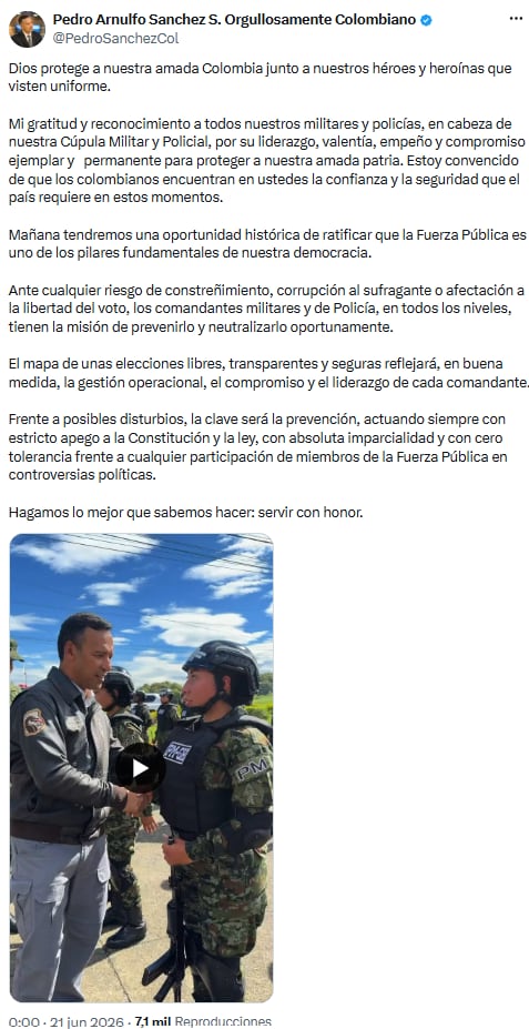 Autoridades reconocieron liderazgo y compromiso de militares y policías ante jornada electoral - crédito @PedroSanchezCol/X