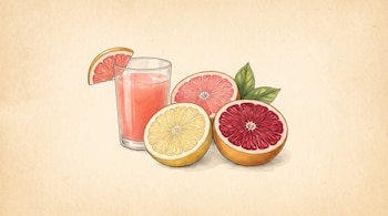 Tres mitades de pomelo con pulpa de color amarillo, rosado y rojo, hojas verdes y un vaso con jugo sobre un fondo beige.