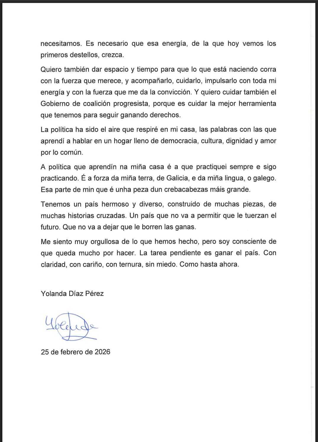 Carta de renuncia como candidata a las elecciones generales de 2027 de Yolanda Díaz