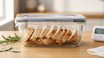 Un recipiente de vidrio hermético con rebanadas de pollo cocido en una mesa de madera, con una rama de romero, hojas de laurel y un temporizador digital