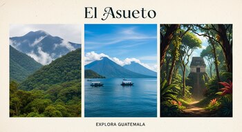 Una composición de tres imágenes: montañas verdes con niebla, un lago azul con volcanes y barcas, y una pirámide maya rodeada de selva frondosa.