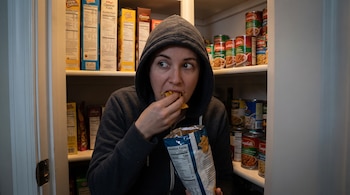 Una persona con sudadera con capucha come frituras de una bolsa dentro de una despensa llena de cereales y latas.