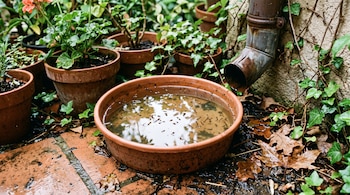 Recipiente de barro con agua estancada y larvas de mosquito junto a macetas con plantas, hojas secas y un tubo de canaleta.