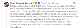 La concejala Heidy Sánchez denunció la entrega de tierras públicas a privados en Bogotá, en vez de orientarlas a vivienda popular - Heidy Sánchez/X