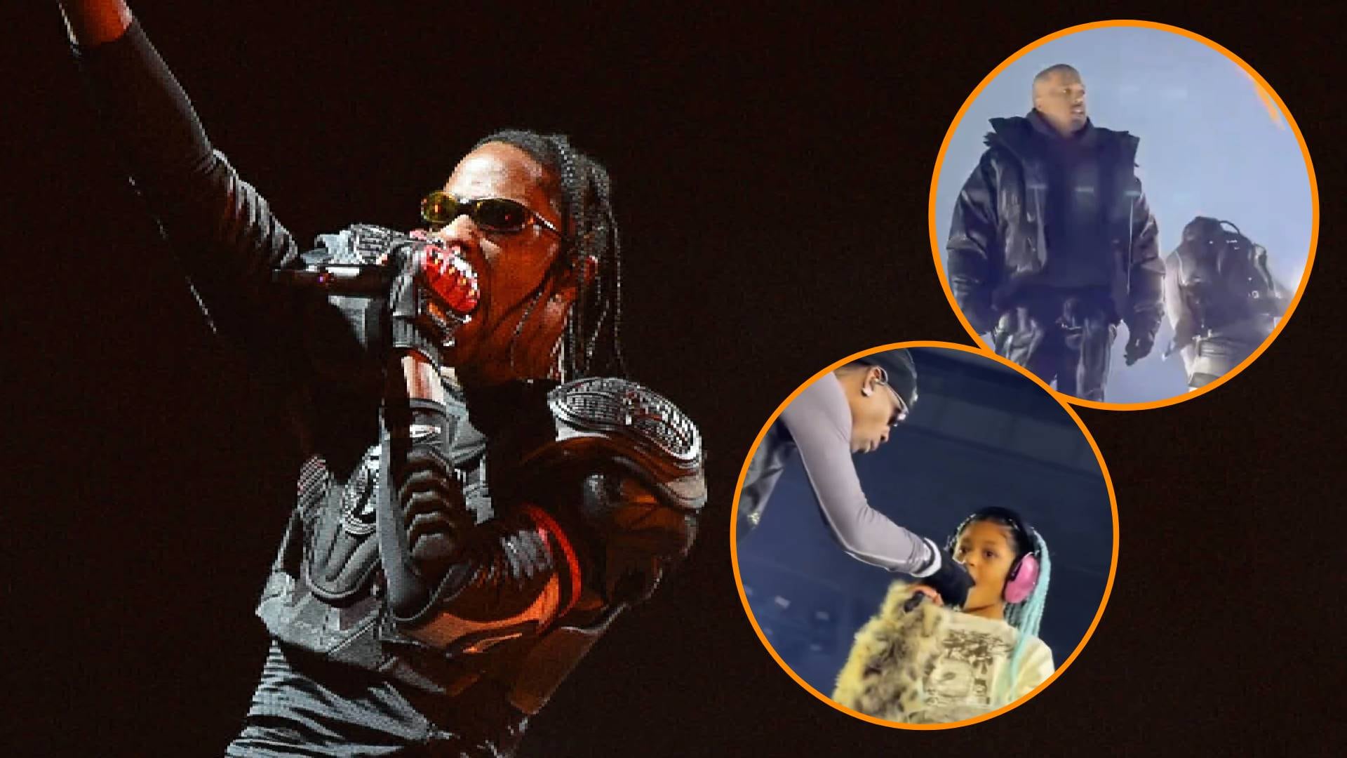 Travis Scott reunió a Kanye West y a su hija Stormi en Tokio durante una serie de conciertos donde sorprendió al público con invitados inesperados (AP/X)